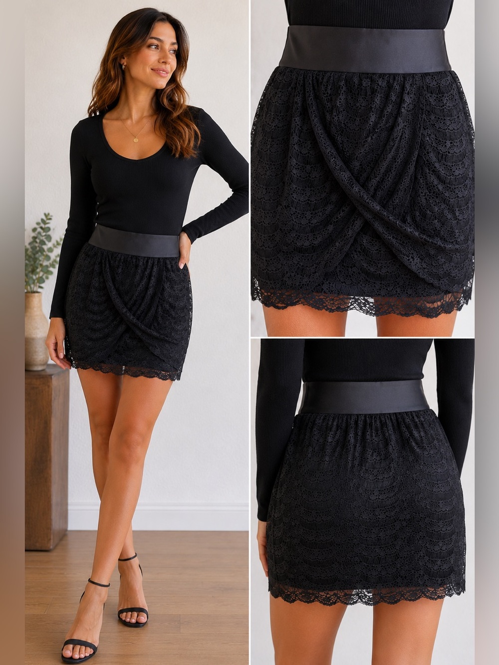 J Crew Black Lace Draped Mini Skirt Size 4 Overlay Party Cocktail Wide Waistband